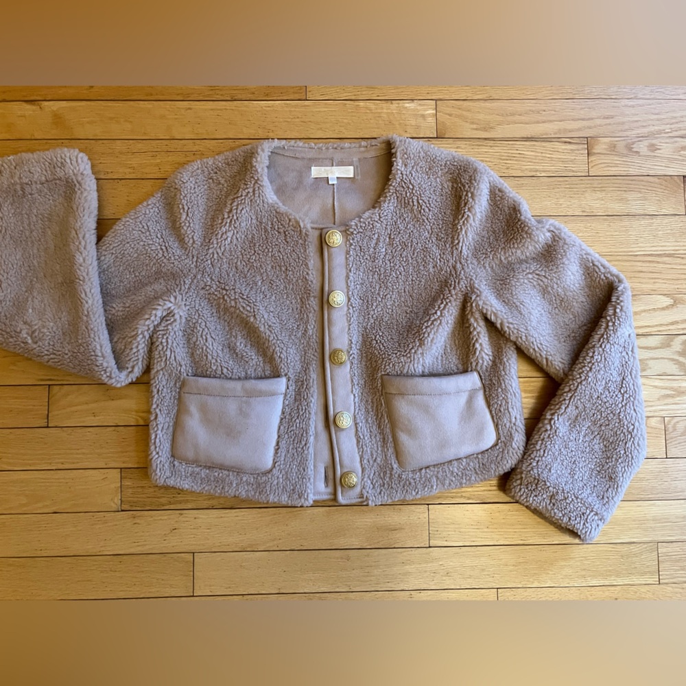 LoveShackFancy Tan Faux Fur Suede Bomber Jacket